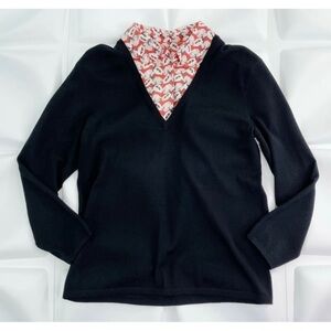 Tory Burch Women Sz M Black Merino Wool V Neck Layered Sweater Floral Silk Shirt